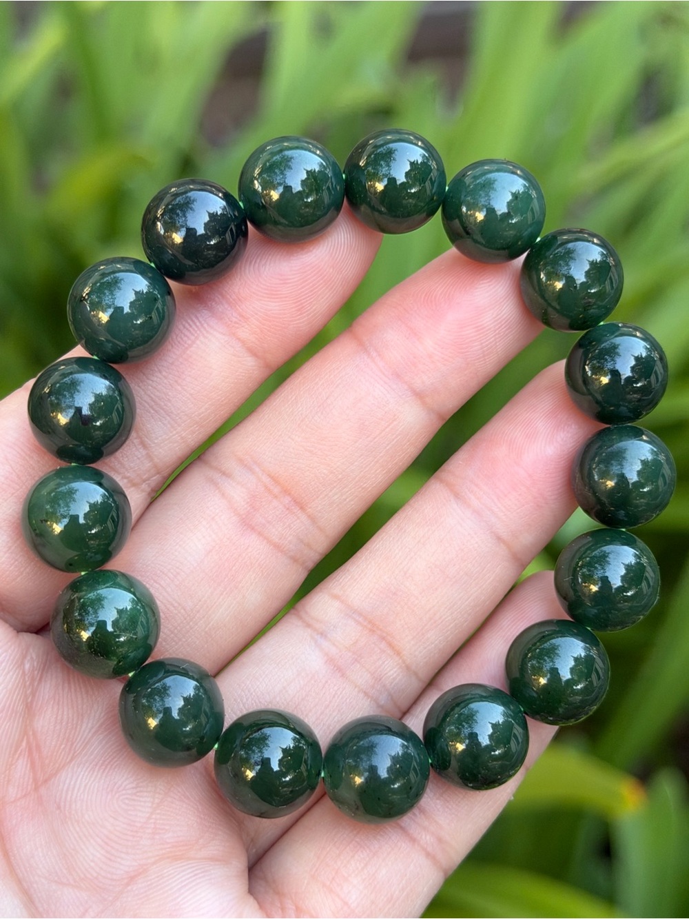 12mm Dark Green Beaded Jade Stretch Bracelet 2064